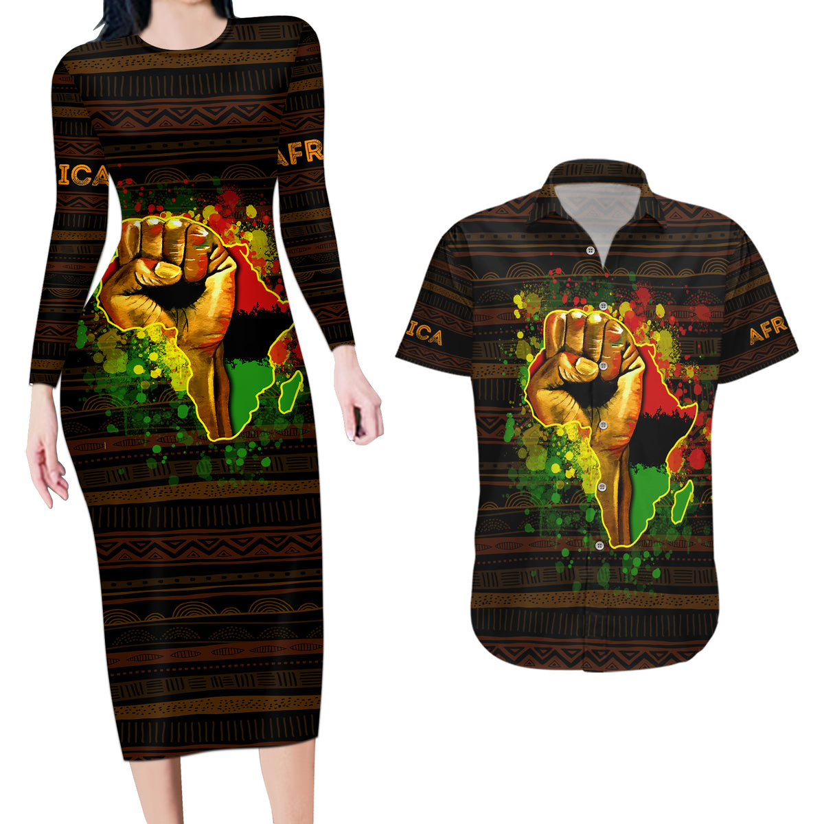 Black Power Couples Matching Long Sleeve Bodycon Dress and Hawaiian Shirt Africa Map - Wonder Print Shop