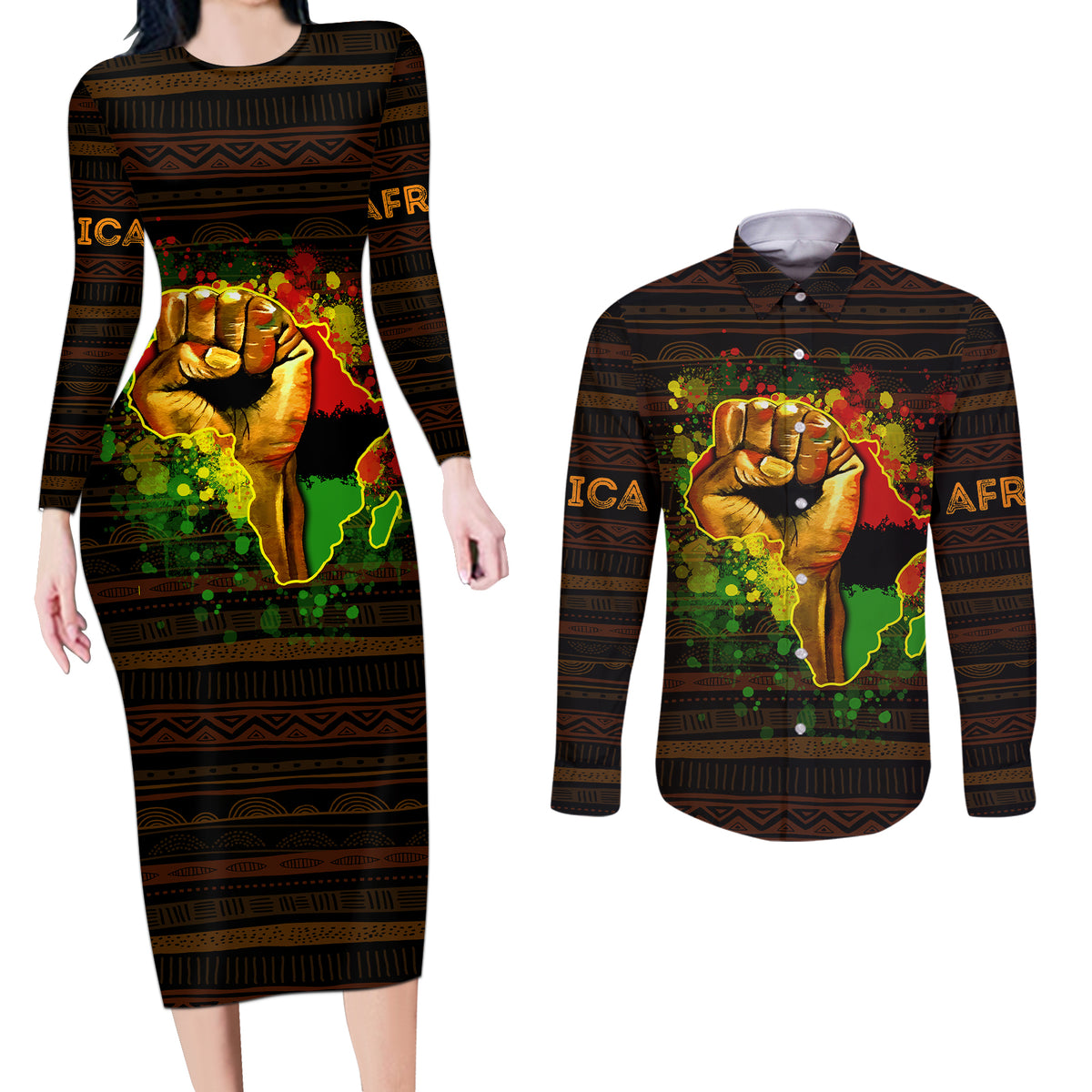 Black Power Couples Matching Long Sleeve Bodycon Dress and Long Sleeve Button Shirts Africa Map - Wonder Print Shop