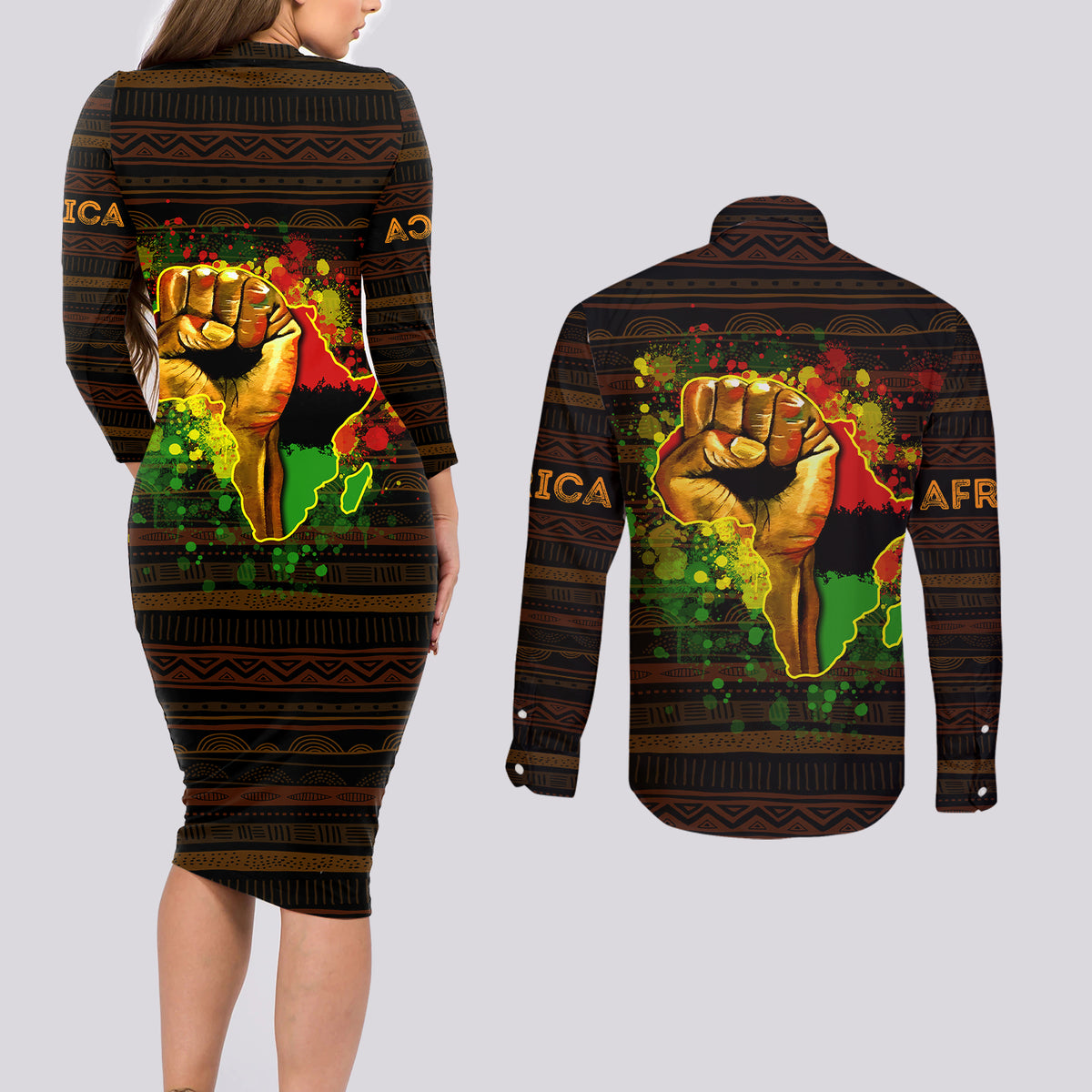 Black Power Couples Matching Long Sleeve Bodycon Dress and Long Sleeve Button Shirts Africa Map - Wonder Print Shop