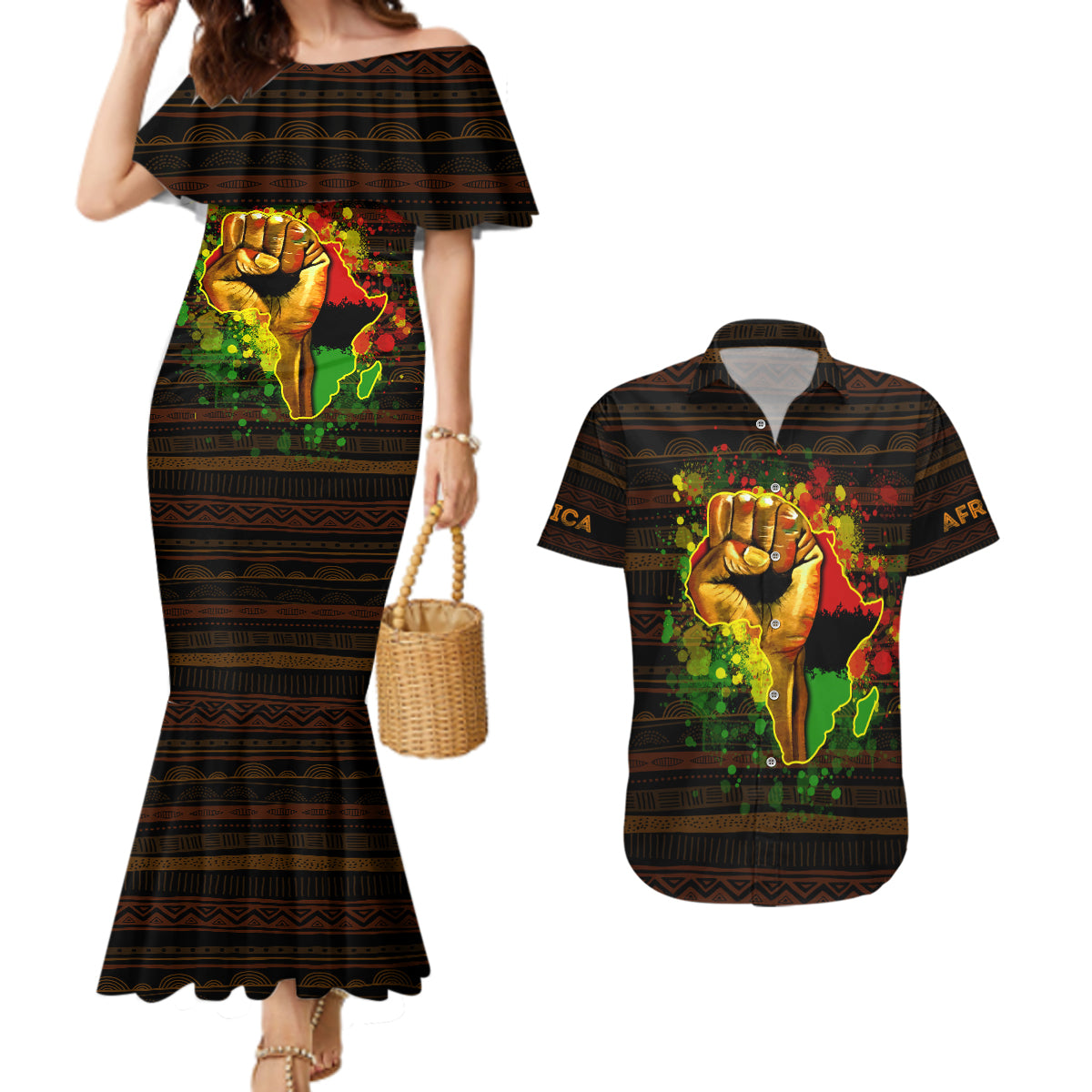 Black Power Couples Matching Mermaid Dress and Hawaiian Shirt Africa Map - Wonder Print Shop