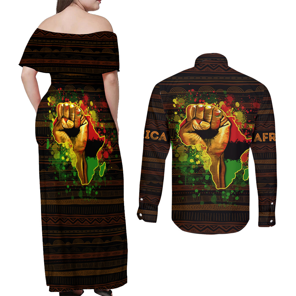 Black Power Couples Matching Off Shoulder Maxi Dress and Long Sleeve Button Shirts Africa Map - Wonder Print Shop