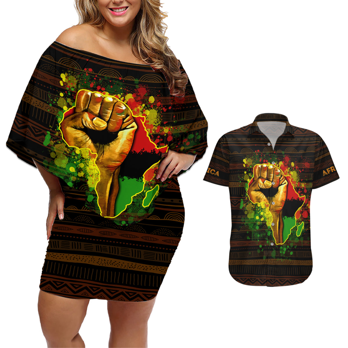 Black Power Couples Matching Off Shoulder Short Dress and Hawaiian Shirt Africa Map - Wonder Print Shop