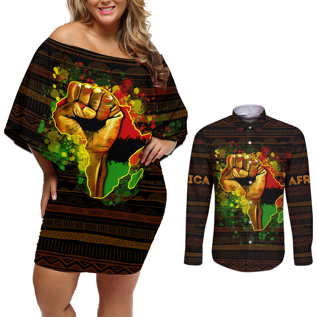 Black Power Couples Matching Off Shoulder Short Dress and Long Sleeve Button Shirts Africa Map - Wonder Print Shop