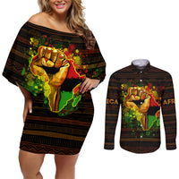 Black Power Couples Matching Off Shoulder Short Dress and Long Sleeve Button Shirts Africa Map - Wonder Print Shop