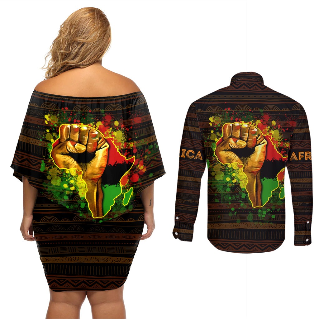 Black Power Couples Matching Off Shoulder Short Dress and Long Sleeve Button Shirts Africa Map - Wonder Print Shop