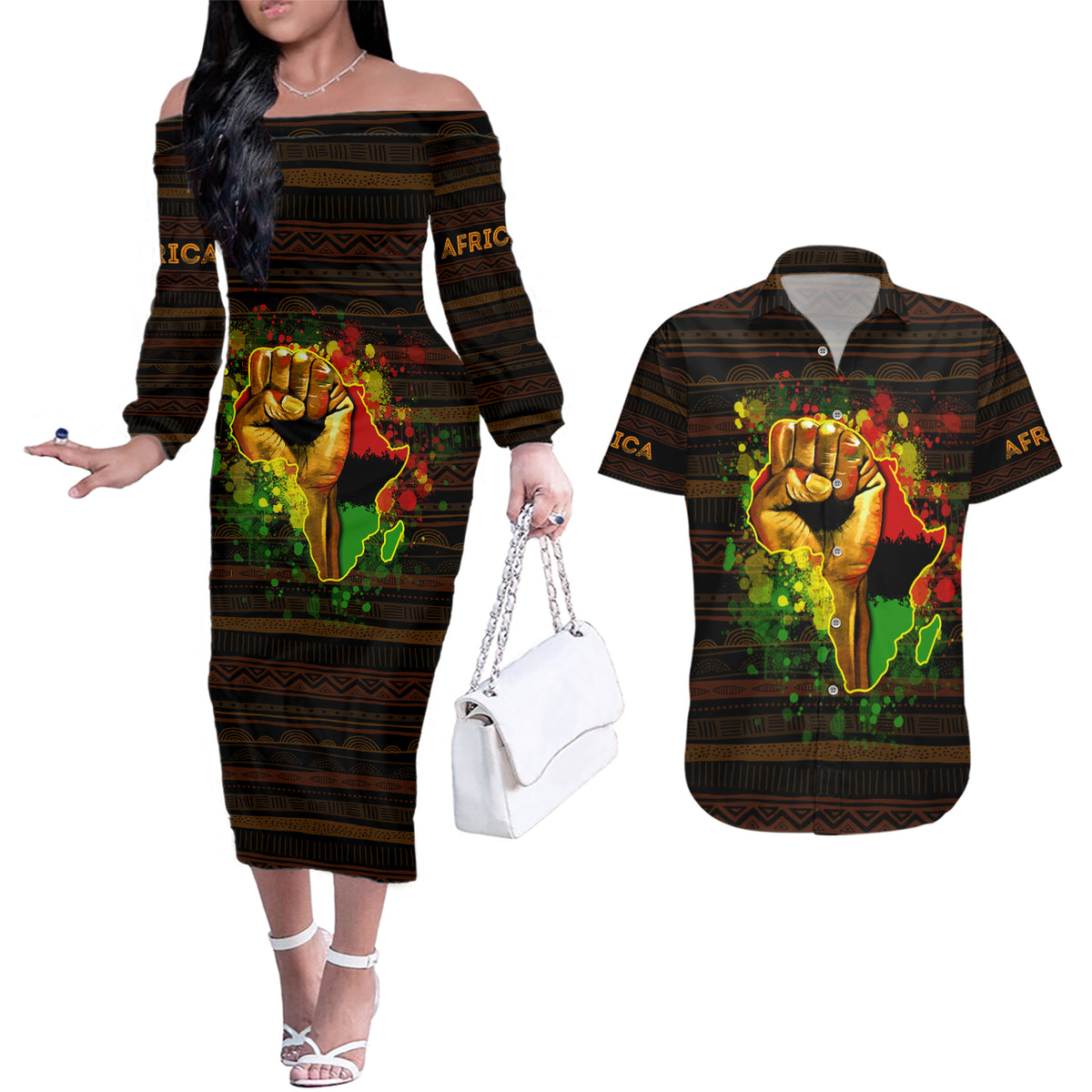 Black Power Couples Matching Off The Shoulder Long Sleeve Dress and Hawaiian Shirt Africa Map - Wonder Print Shop