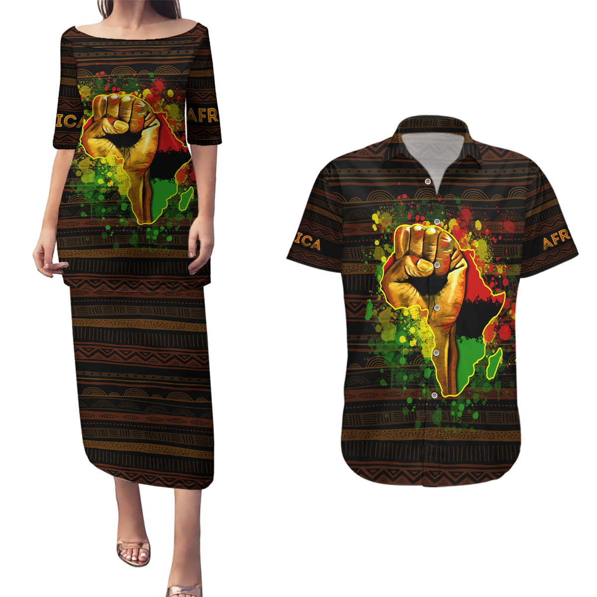Black Power Couples Matching Puletasi Dress and Hawaiian Shirt Africa Map - Wonder Print Shop