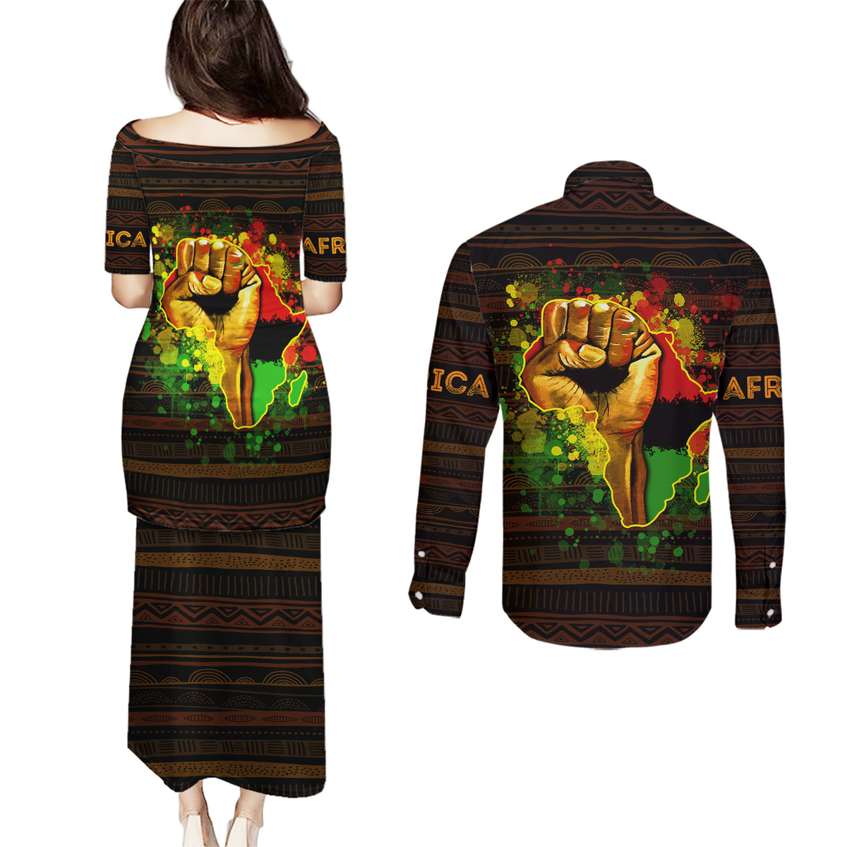 Black Power Couples Matching Puletasi Dress and Long Sleeve Button Shirts Africa Map - Wonder Print Shop