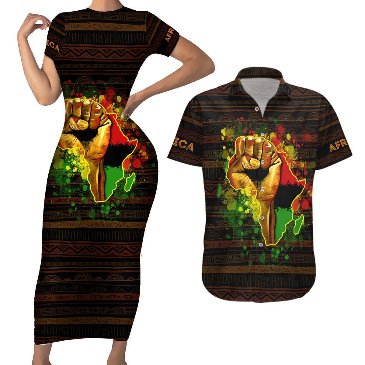 Black Power Couples Matching Short Sleeve Bodycon Dress and Hawaiian Shirt Africa Map - Wonder Print Shop