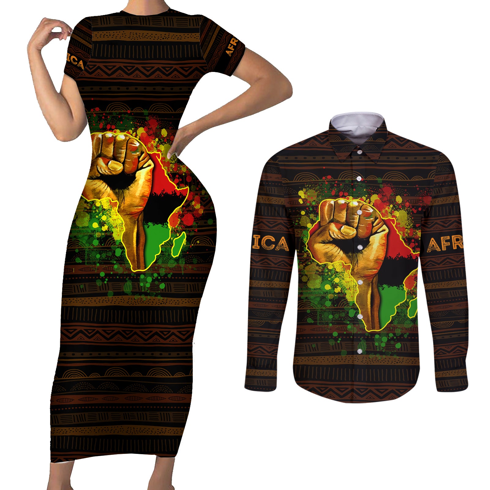 Black Power Couples Matching Short Sleeve Bodycon Dress and Long Sleeve Button Shirts Africa Map - Wonder Print Shop