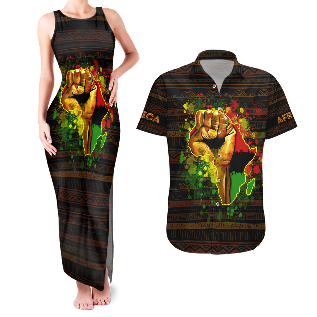 Black Power Couples Matching Tank Maxi Dress and Hawaiian Shirt Africa Map - Wonder Print Shop