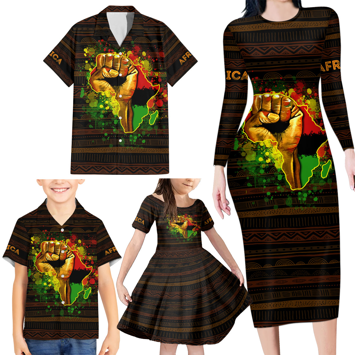 Black Power Family Matching Long Sleeve Bodycon Dress and Hawaiian Shirt Africa Map - Wonder Print Shop