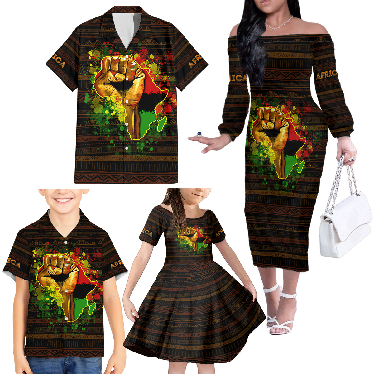 Black Power Family Matching Off Shoulder Long Sleeve Dress and Hawaiian Shirt Africa Map - Wonder Print Shop