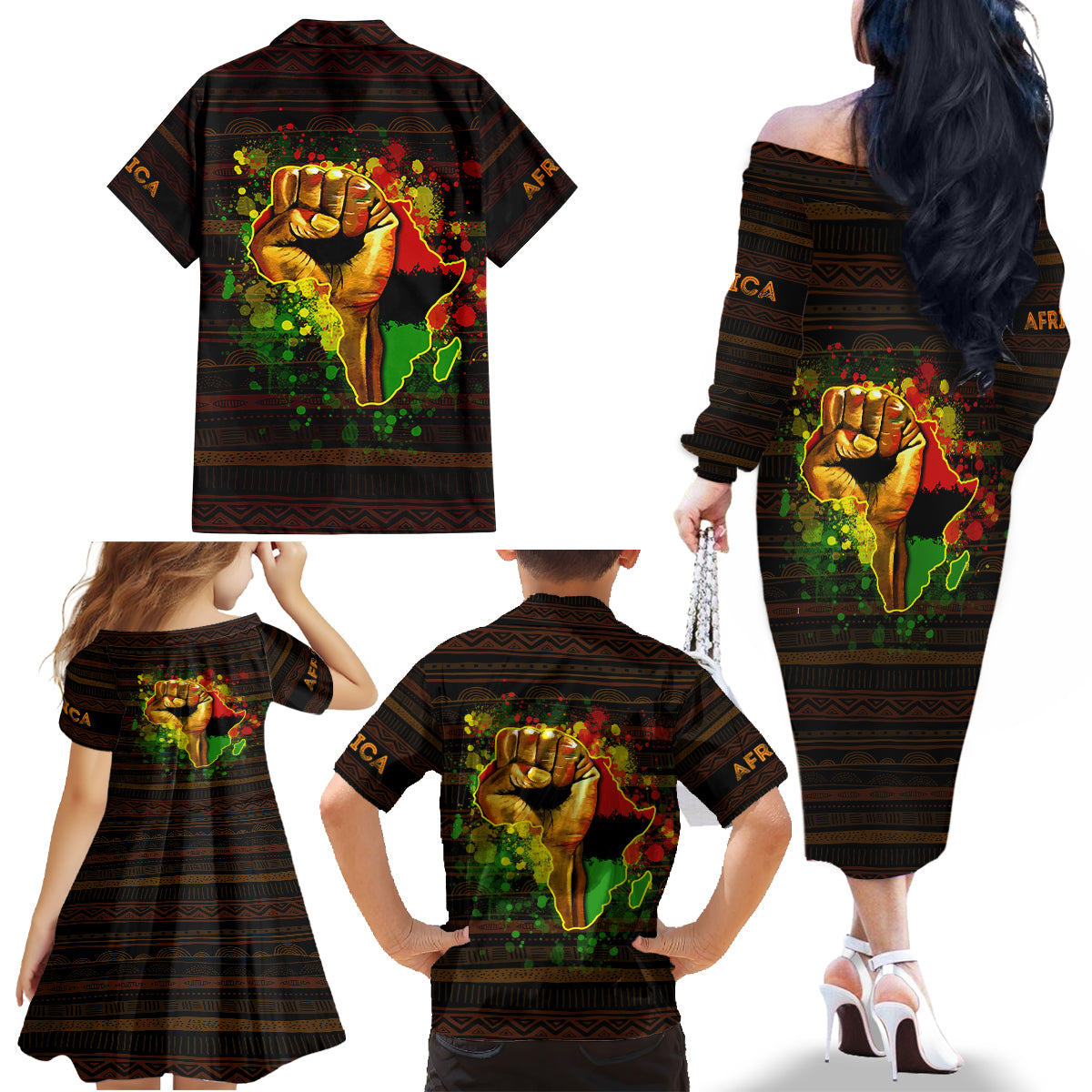 Black Power Family Matching Off Shoulder Long Sleeve Dress and Hawaiian Shirt Africa Map - Wonder Print Shop