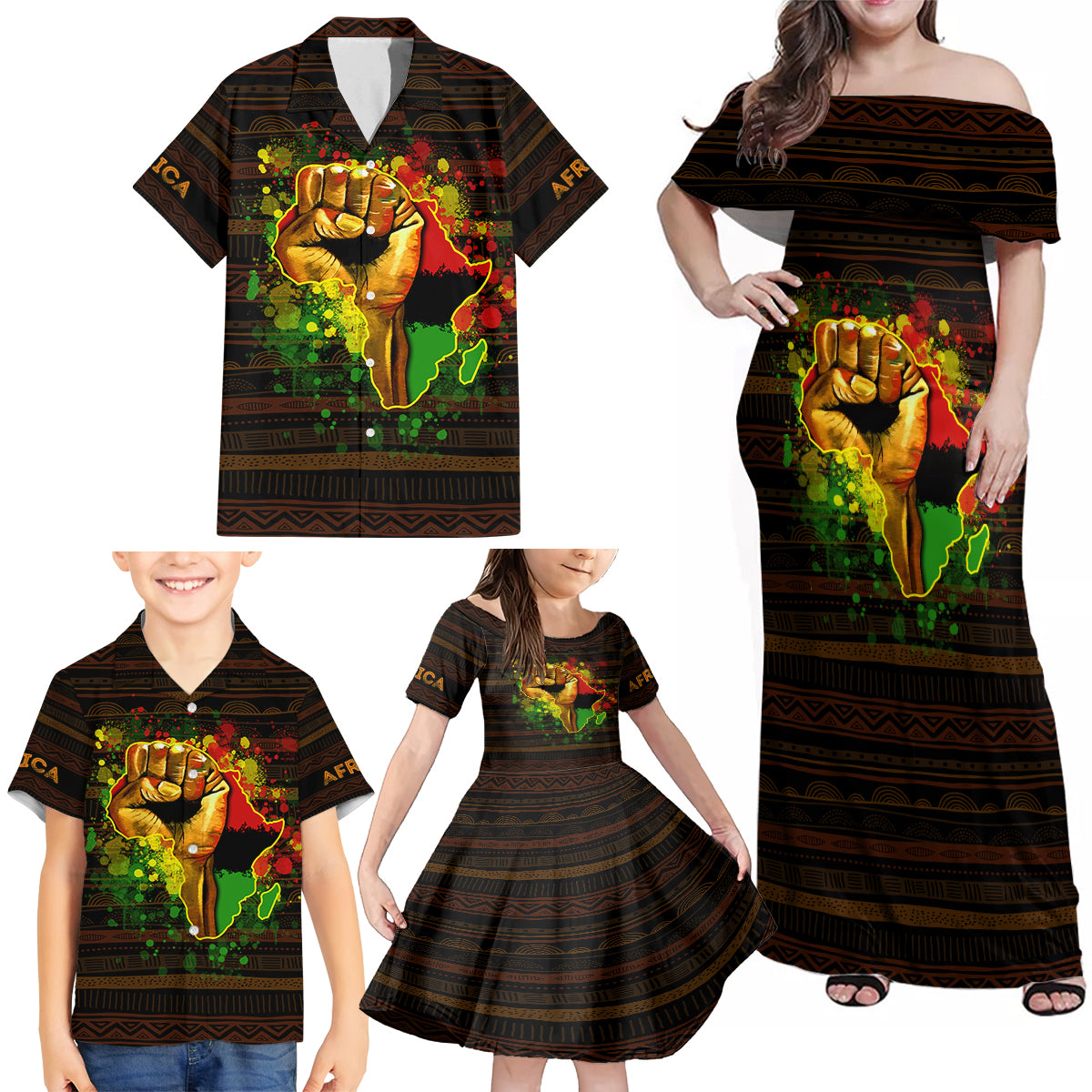 Black Power Family Matching Off Shoulder Maxi Dress and Hawaiian Shirt Africa Map - Wonder Print Shop