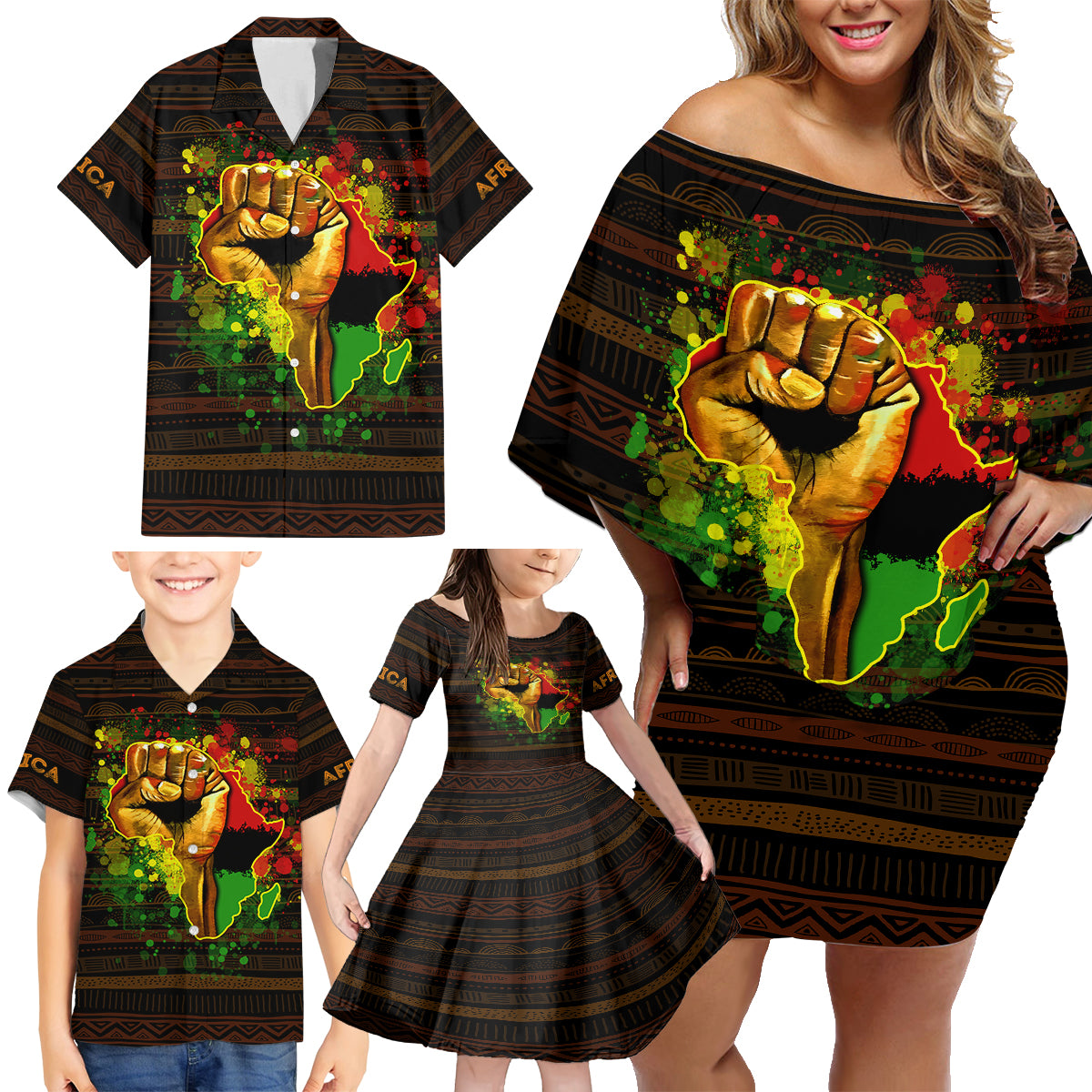 Black Power Family Matching Off Shoulder Short Dress and Hawaiian Shirt Africa Map - Wonder Print Shop