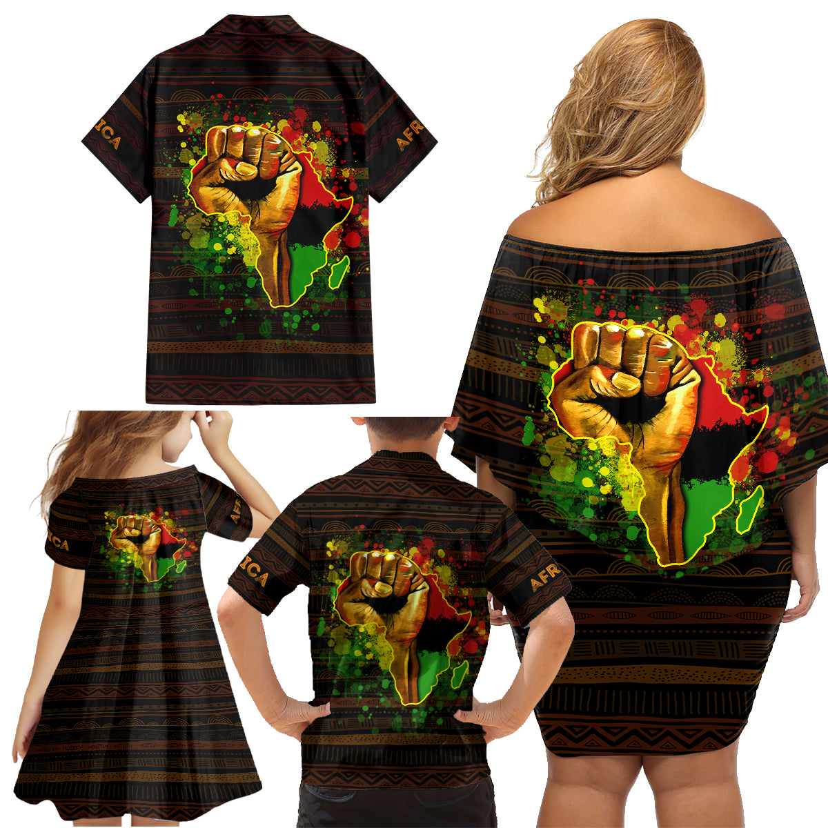 Black Power Family Matching Off Shoulder Short Dress and Hawaiian Shirt Africa Map - Wonder Print Shop