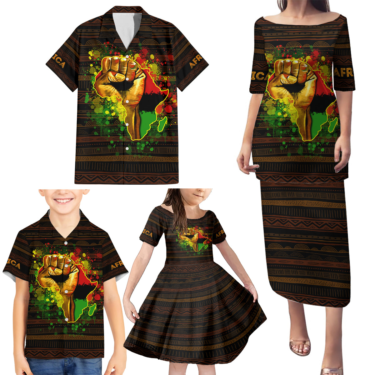Black Power Family Matching Puletasi Dress and Hawaiian Shirt Africa Map - Wonder Print Shop