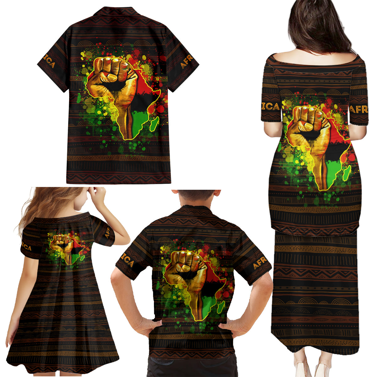 Black Power Family Matching Puletasi Dress and Hawaiian Shirt Africa Map - Wonder Print Shop