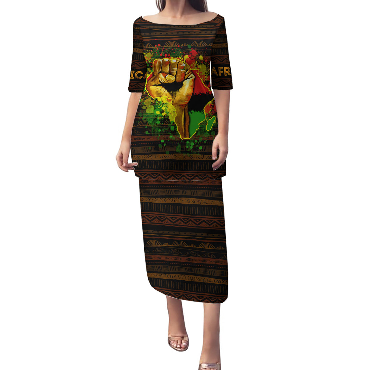 Black Power Family Matching Puletasi Dress and Hawaiian Shirt Africa Map - Wonder Print Shop