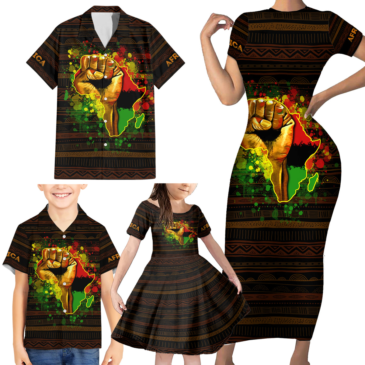 Black Power Family Matching Short Sleeve Bodycon Dress and Hawaiian Shirt Africa Map - Wonder Print Shop