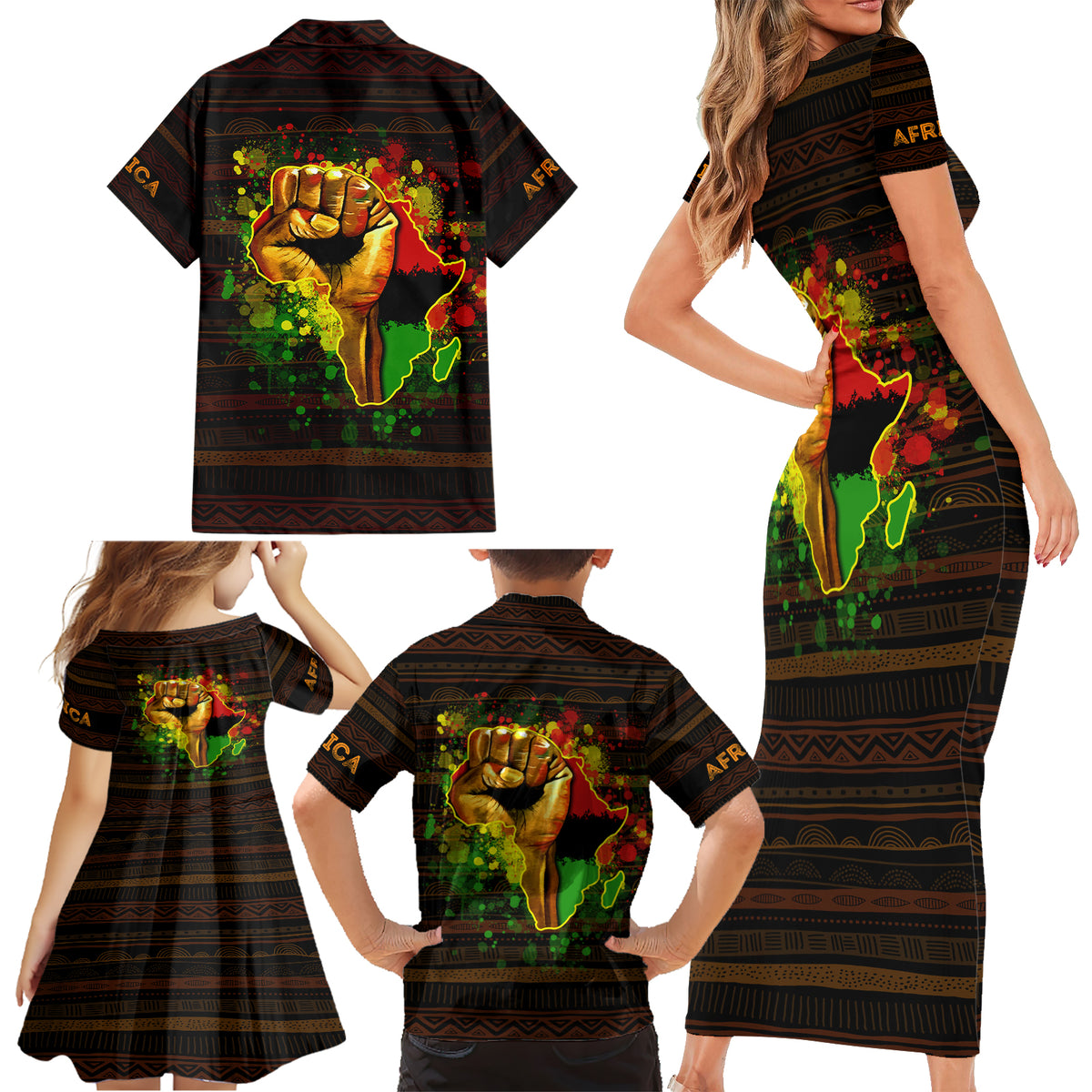 Black Power Family Matching Short Sleeve Bodycon Dress and Hawaiian Shirt Africa Map - Wonder Print Shop