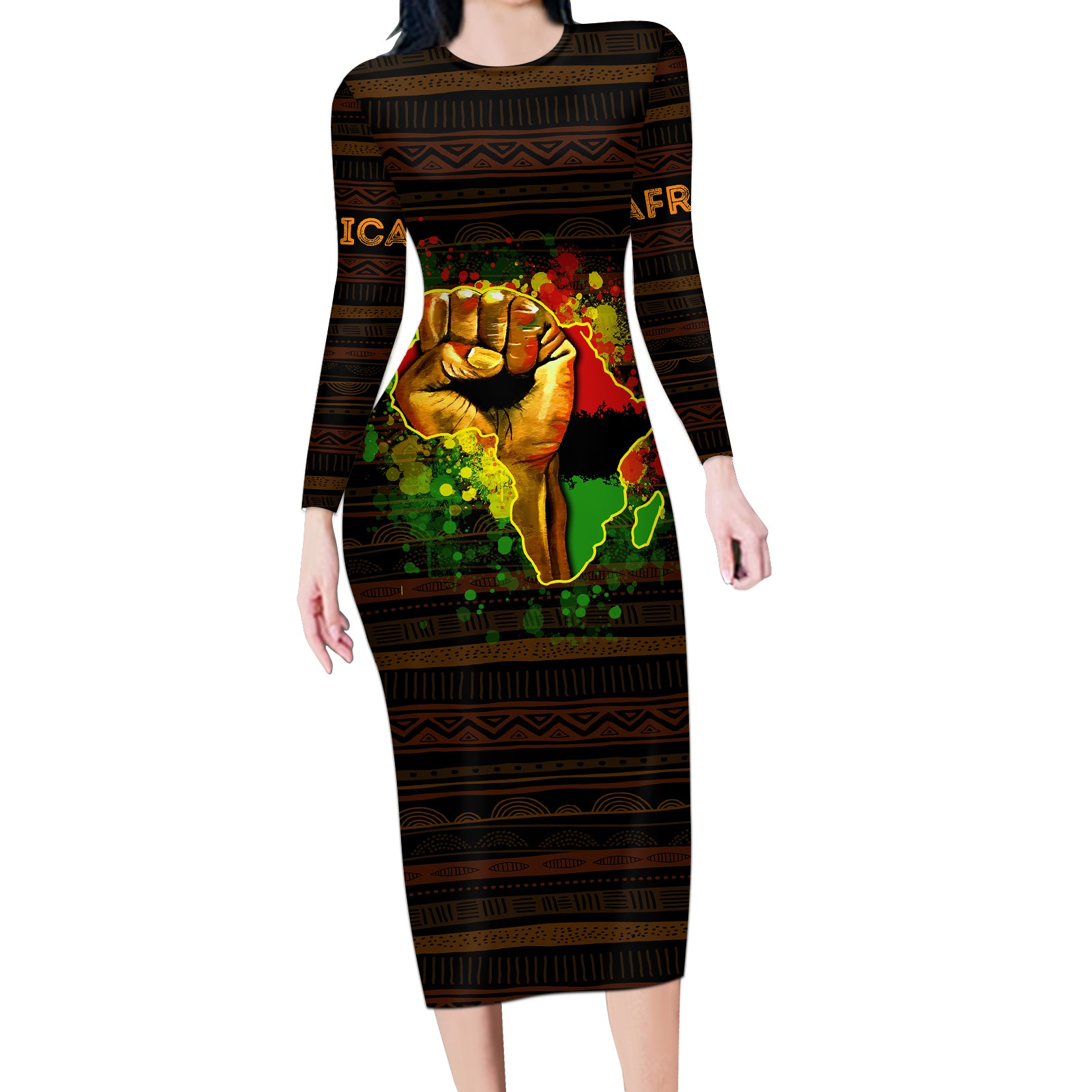 Black Power Long Sleeve Bodycon Dress Africa Map - Wonder Print Shop