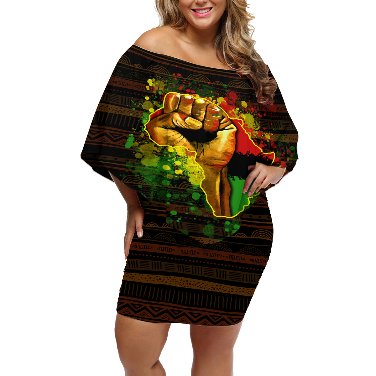 Black Power Off Shoulder Short Dress Africa Map - Wonder Print Shop
