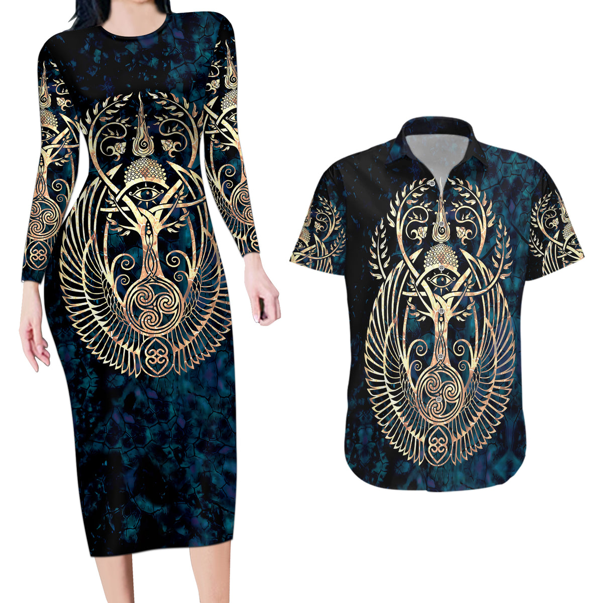 Adinkra Symbols Couples Matching Long Sleeve Bodycon Dress and Hawaiian Shirt Tree of Life - Wonder Print Shop