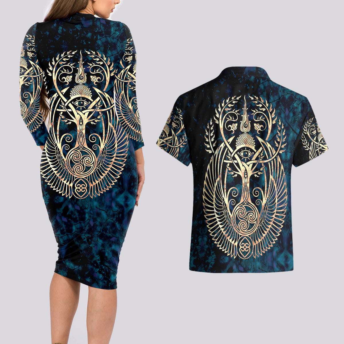 Adinkra Symbols Couples Matching Long Sleeve Bodycon Dress and Hawaiian Shirt Tree of Life - Wonder Print Shop