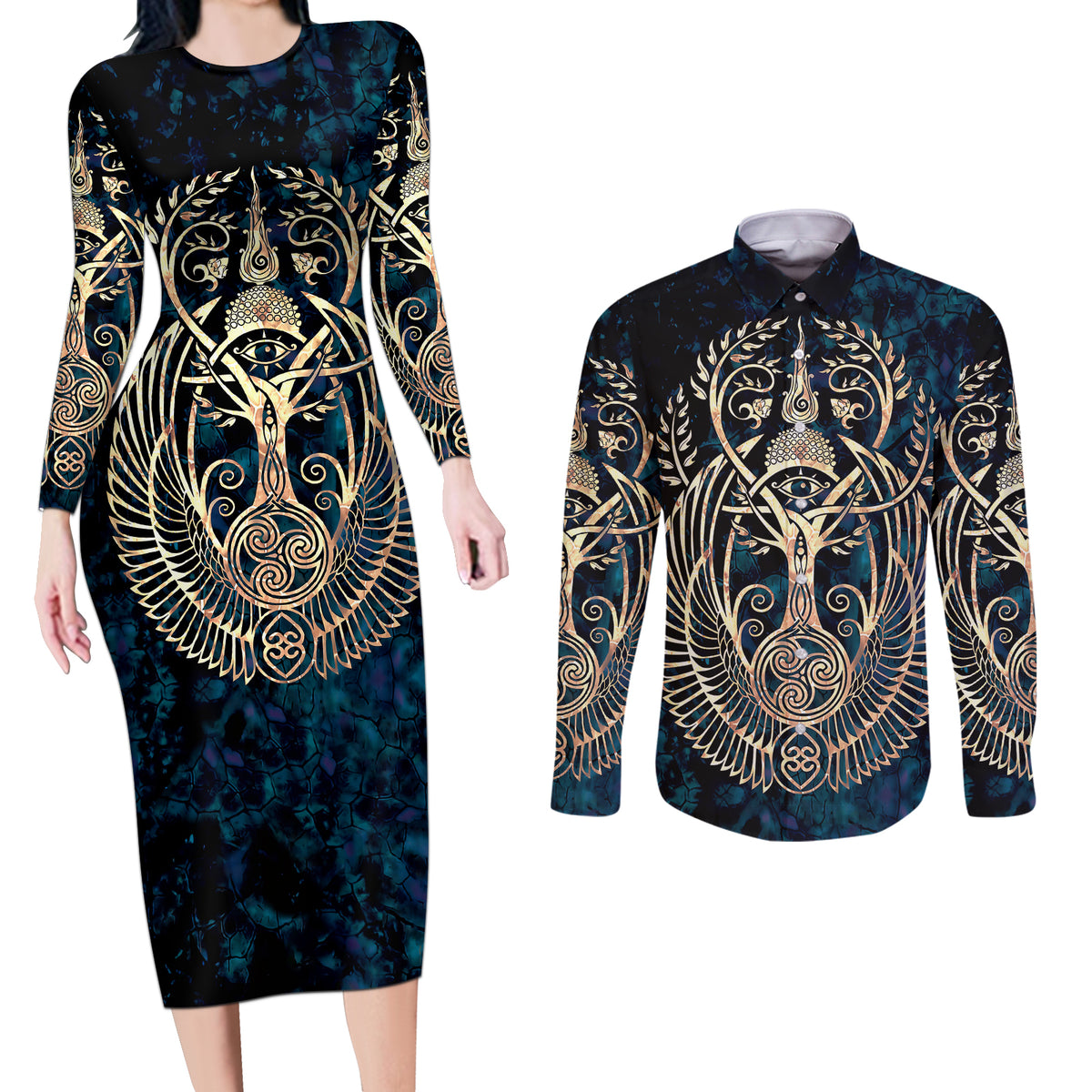 Adinkra Symbols Couples Matching Long Sleeve Bodycon Dress and Long Sleeve Button Shirts Tree of Life - Wonder Print Shop
