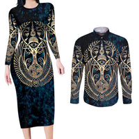 Adinkra Symbols Couples Matching Long Sleeve Bodycon Dress and Long Sleeve Button Shirts Tree of Life - Wonder Print Shop