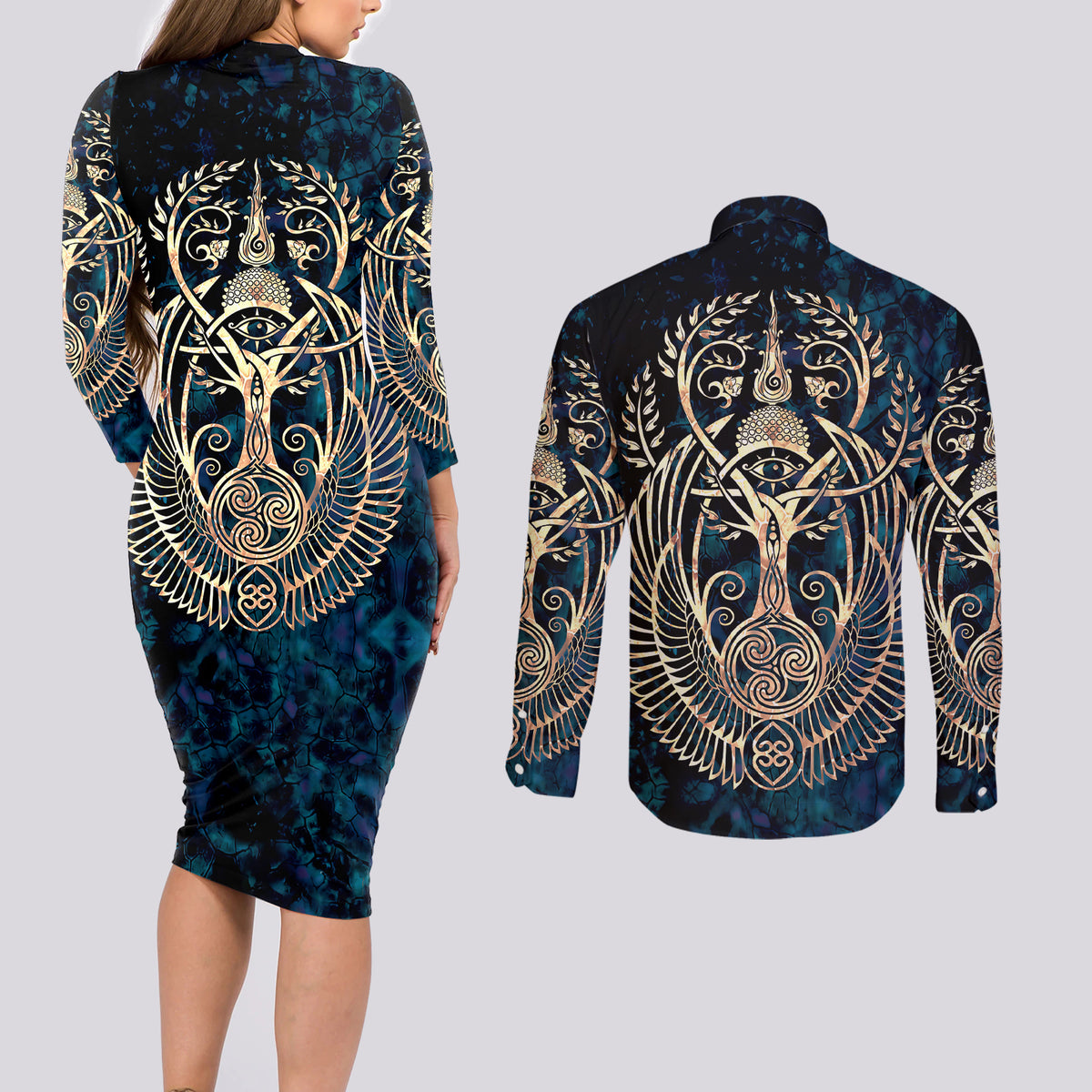 Adinkra Symbols Couples Matching Long Sleeve Bodycon Dress and Long Sleeve Button Shirts Tree of Life - Wonder Print Shop