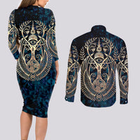 Adinkra Symbols Couples Matching Long Sleeve Bodycon Dress and Long Sleeve Button Shirts Tree of Life - Wonder Print Shop