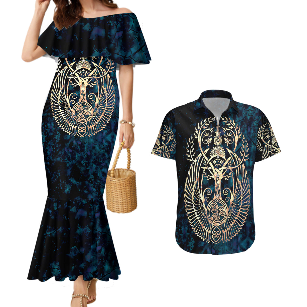 Adinkra Symbols Couples Matching Mermaid Dress and Hawaiian Shirt Tree of Life - Wonder Print Shop