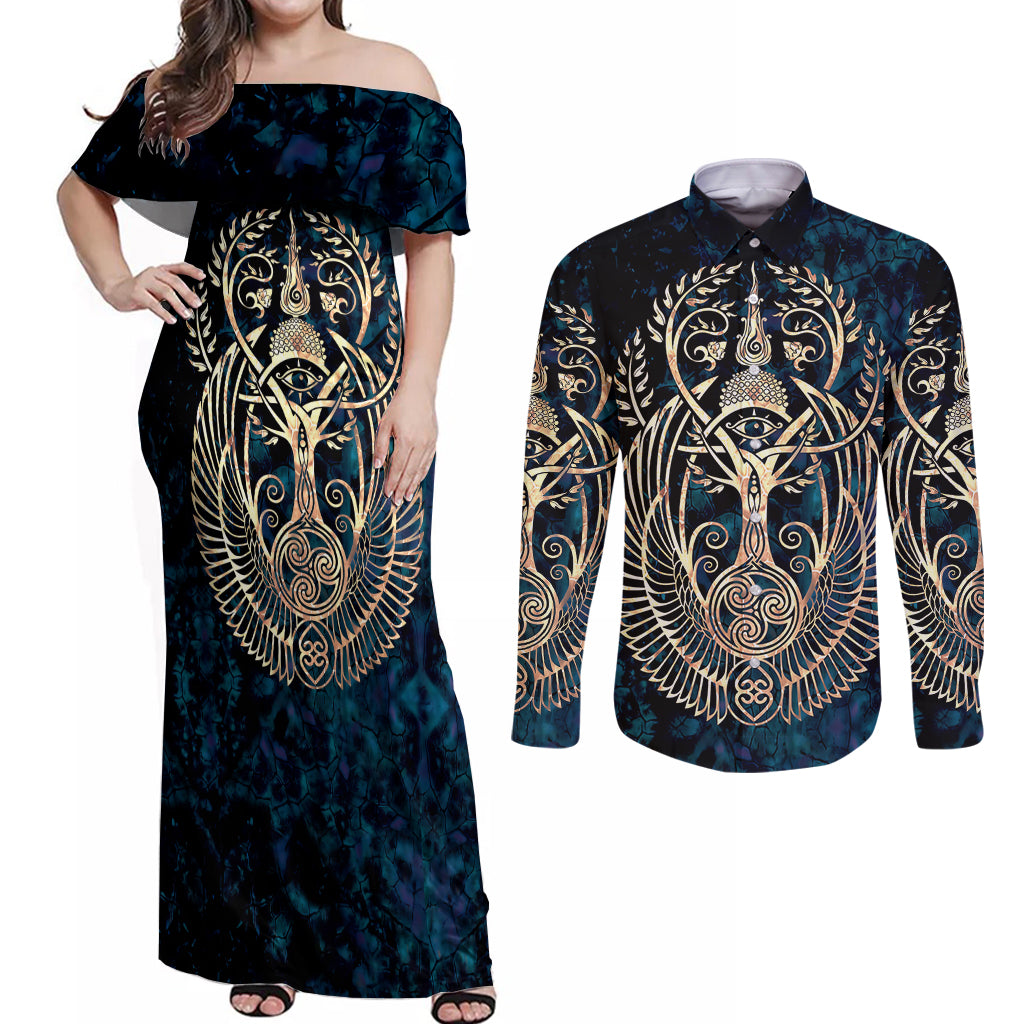Adinkra Symbols Couples Matching Off Shoulder Maxi Dress and Long Sleeve Button Shirts Tree of Life - Wonder Print Shop
