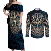 Adinkra Symbols Couples Matching Off Shoulder Maxi Dress and Long Sleeve Button Shirts Tree of Life - Wonder Print Shop