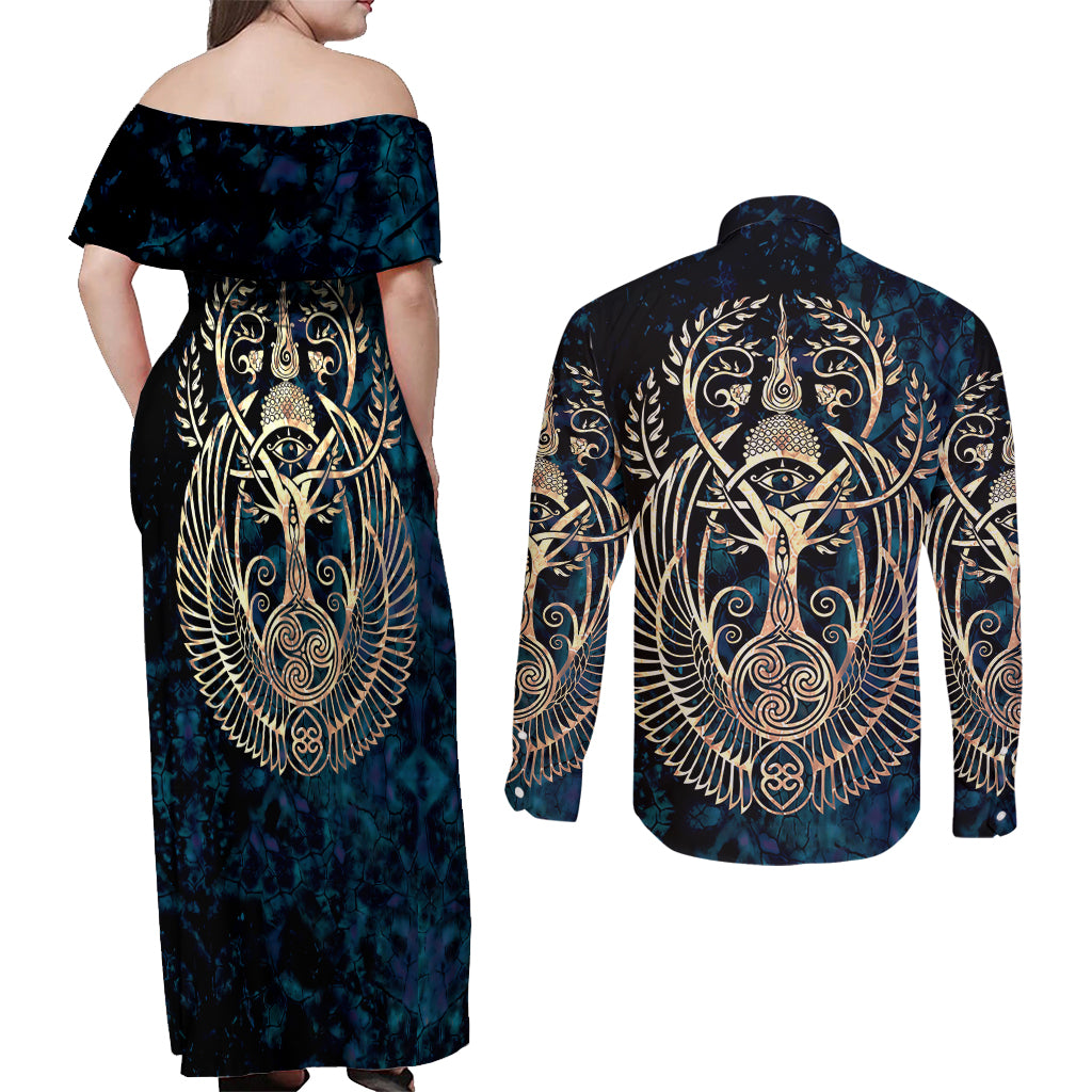 Adinkra Symbols Couples Matching Off Shoulder Maxi Dress and Long Sleeve Button Shirts Tree of Life - Wonder Print Shop