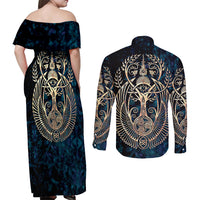 Adinkra Symbols Couples Matching Off Shoulder Maxi Dress and Long Sleeve Button Shirts Tree of Life - Wonder Print Shop