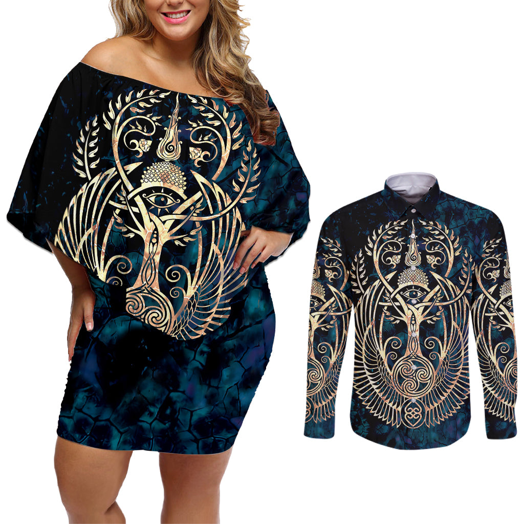 Adinkra Symbols Couples Matching Off Shoulder Short Dress and Long Sleeve Button Shirts Tree of Life - Wonder Print Shop