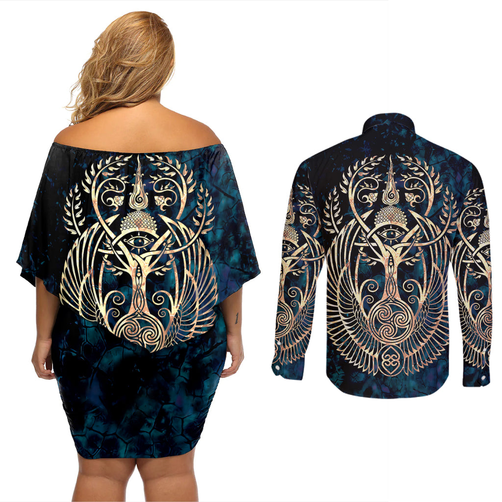 Adinkra Symbols Couples Matching Off Shoulder Short Dress and Long Sleeve Button Shirts Tree of Life - Wonder Print Shop