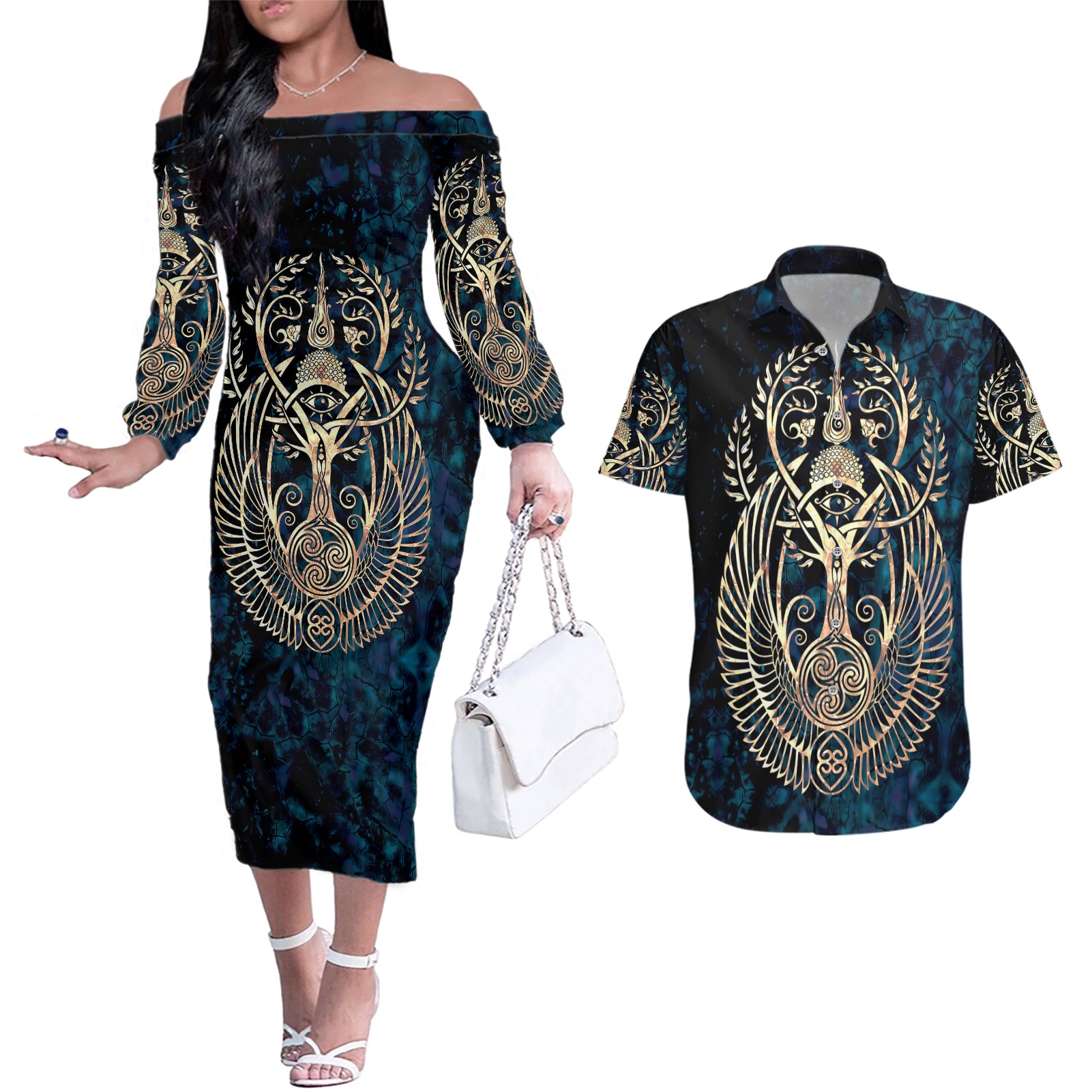 Adinkra Symbols Couples Matching Off The Shoulder Long Sleeve Dress and Hawaiian Shirt Tree of Life - Wonder Print Shop