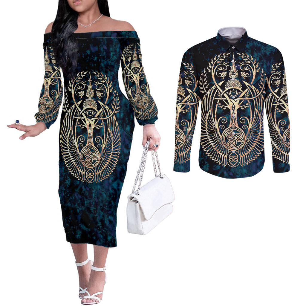 adinkra-symbols-couples-matching-off-the-shoulder-long-sleeve-dress-and-long-sleeve-button-shirts-tree-of-life