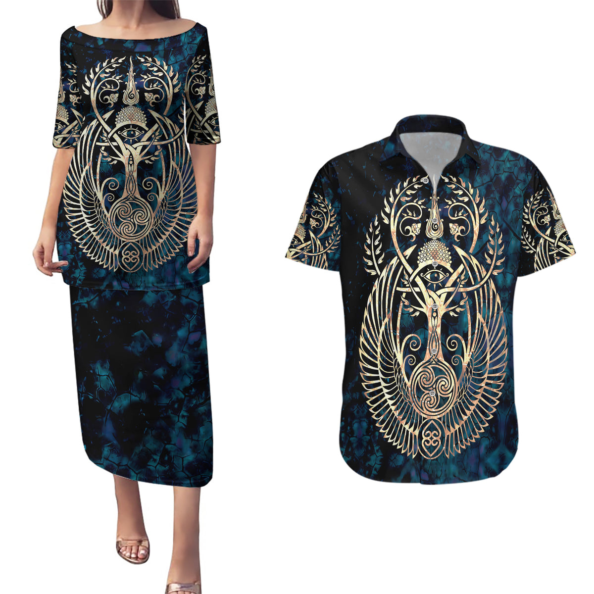 Adinkra Symbols Couples Matching Puletasi Dress and Hawaiian Shirt Tree of Life - Wonder Print Shop