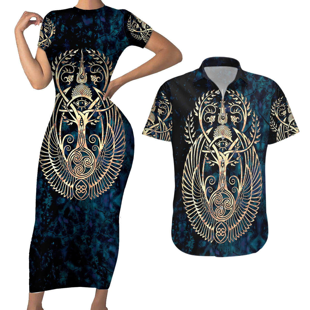 Adinkra Symbols Couples Matching Short Sleeve Bodycon Dress and Hawaiian Shirt Tree of Life - Wonder Print Shop