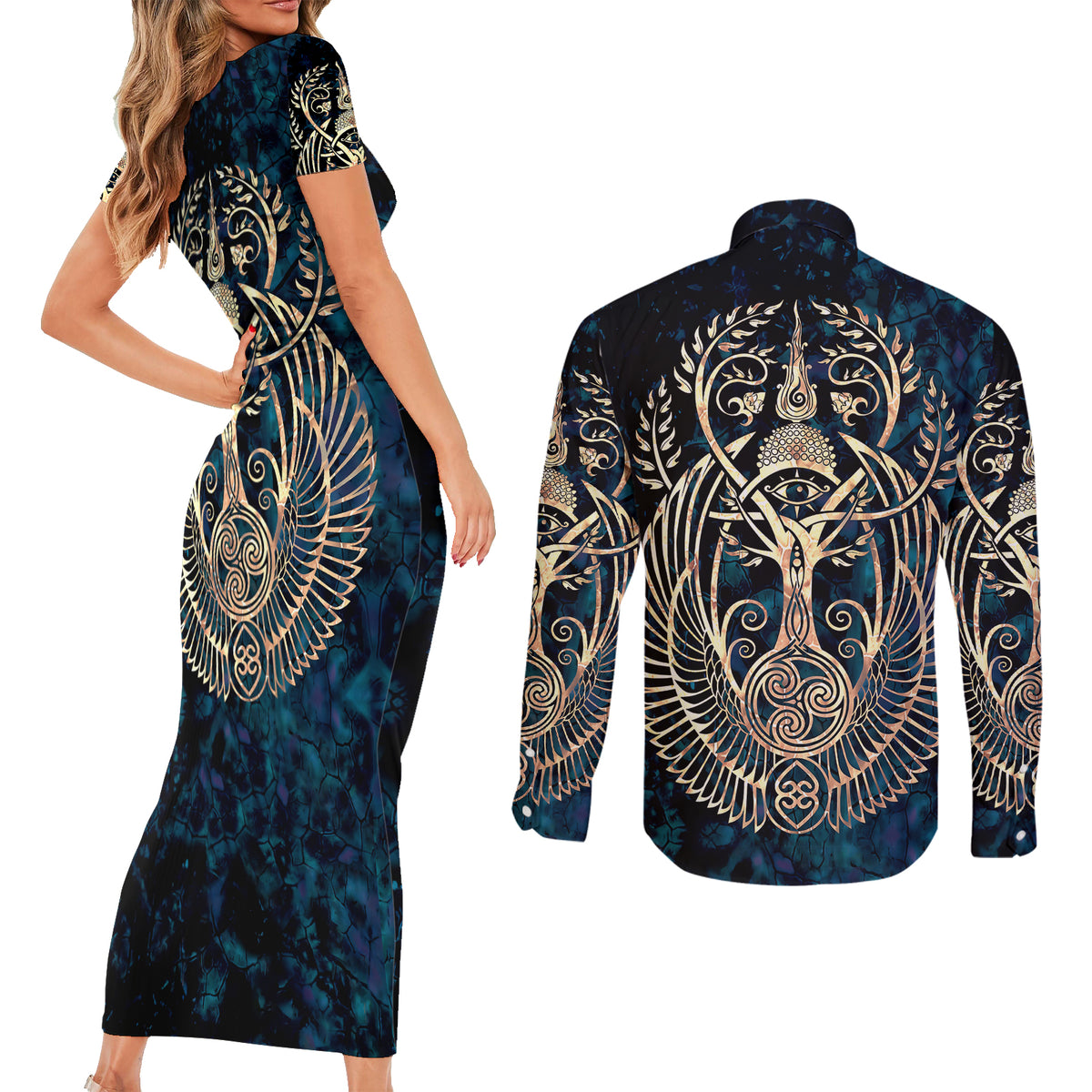 Adinkra Symbols Couples Matching Short Sleeve Bodycon Dress and Long Sleeve Button Shirts Tree of Life - Wonder Print Shop