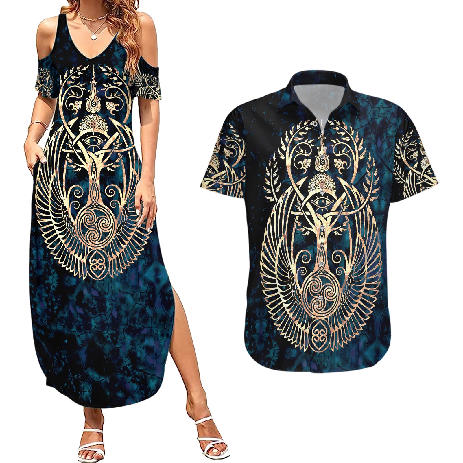 Adinkra Symbols Couples Matching Summer Maxi Dress and Hawaiian Shirt Tree of Life - Wonder Print Shop
