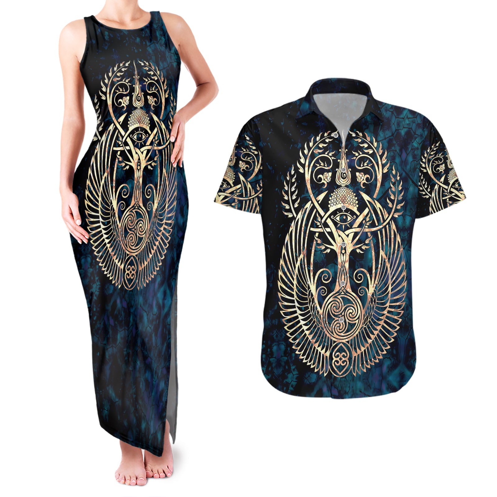 Adinkra Symbols Couples Matching Tank Maxi Dress and Hawaiian Shirt Tree of Life - Wonder Print Shop