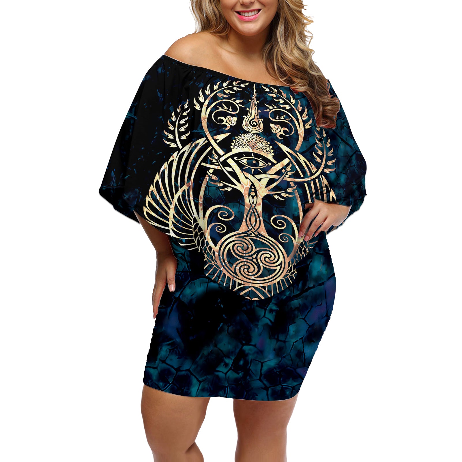 Adinkra Symbols Off Shoulder Short Dress Tree of Life - Wonder Print Shop