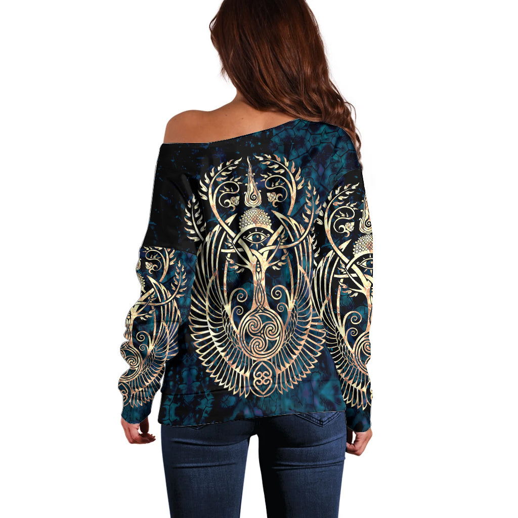 Adinkra Symbols Off Shoulder Sweater Tree of Life - Wonder Print Shop